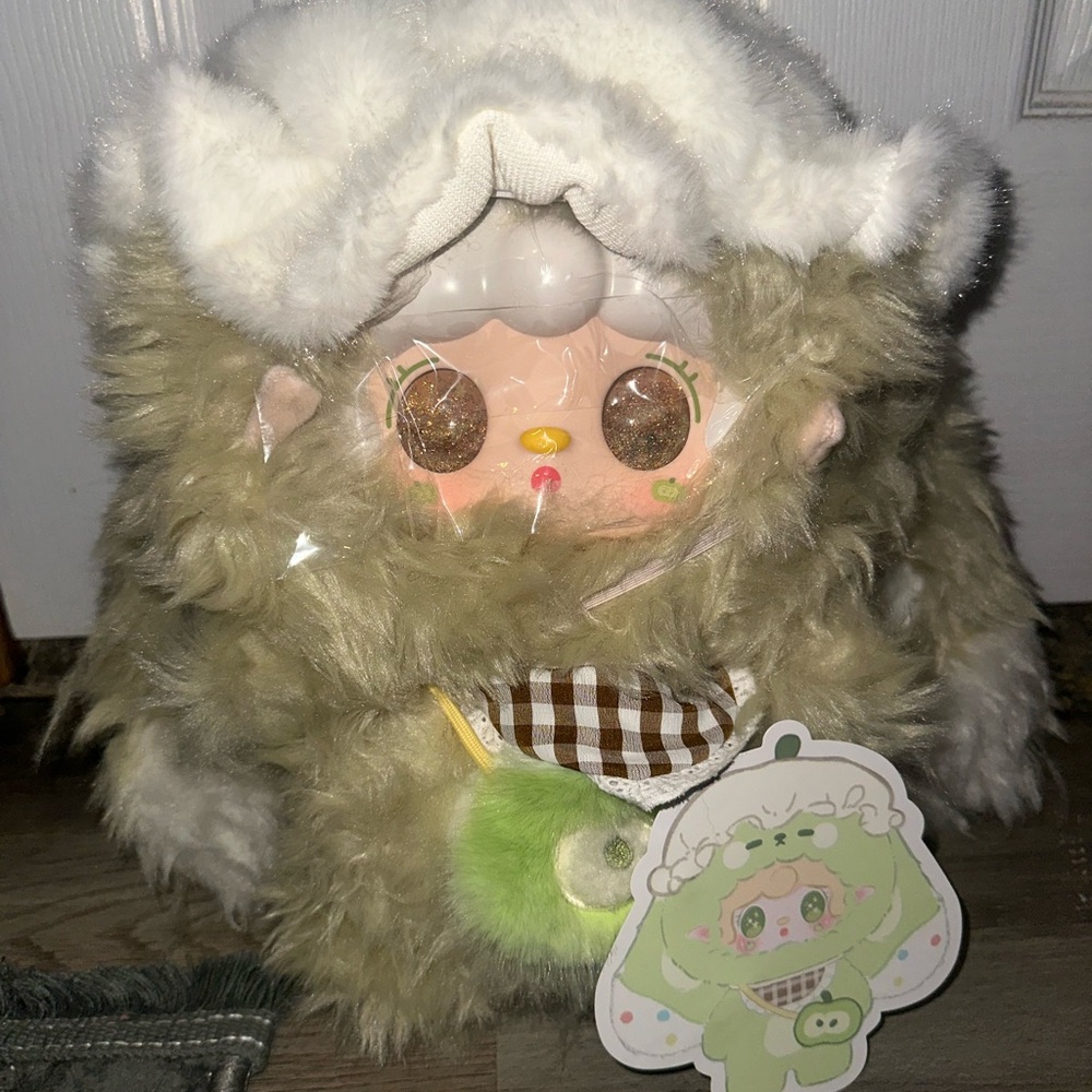 Cute Fluffy Plush Toy with White and Green Fur